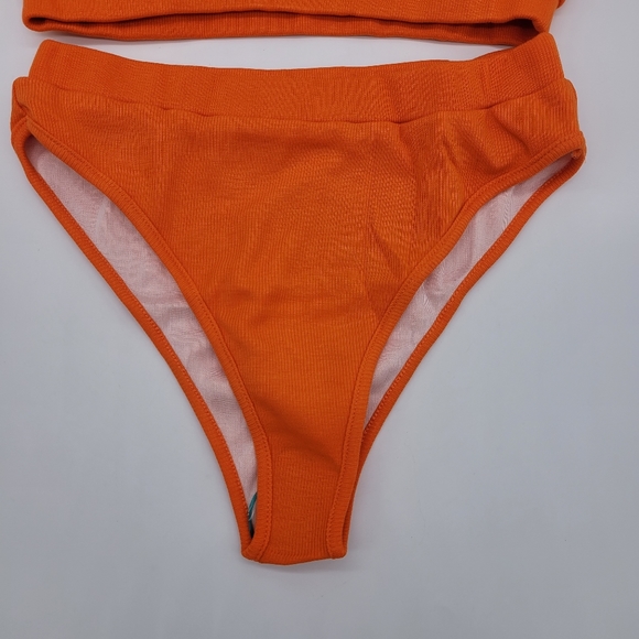 Women orange two Piece High Waisted Bikini Scoop Neck Crop Top Swimsuits - Picture 5 of 11